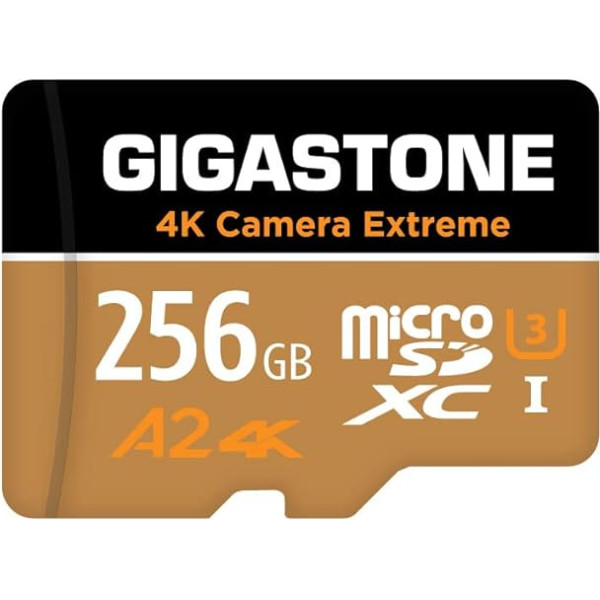 [5 лет бесплатного восстановления данных] Gigastone 4K Camera Extreme 256GB MicroSDXC Memory Card и SD Adapter, совместима с GoPro Switch, скорость 100MB/s, A2 U3 V30 Micro SD Card