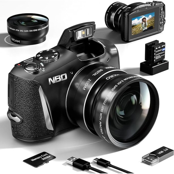 NBD Digitālā fotokamera ar platleņķa un makro objektīvu, videoreportāžas kamera YouTube, 16x tālummaiņa ar 32 GB karti, kompaktā fotokamera pusaudžiem, iesācējiem un pieaugušajiem