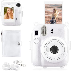 Rieibi Instax Mini 12 futrālis - spīdīgs futrālis Fujifilm Instax Mini 12 tūlītējai fotokamerai ar foto kabatiņu aizmugurē, caurspīdīgu plecu siksnu un mini fotoalbumu - caurspīdīgs, balts, spīdīgs, soma