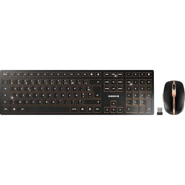 CHERRY DW 9100 SLIM bezvadu tastatūras un peles komplekts, franču izkārtojums (AZERTY), Bluetooth un 2,4 GHz radio, klusi taustiņi, uzlādējams, melns, melns, apdegums