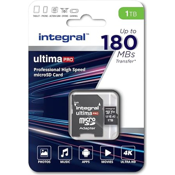 Integral 1TB Micro SD karte 4K video lasīšanas ātrums 180MB/s un rakstīšanas ātrums 150MB/s MicroSDXC A2 C10 U3 UHS-I 180-V30 Mūsu ātrākā ātrgaitas Micro SD atmiņas karte