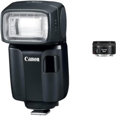 Canon Speedlite EL-100 zibspuldzes bloks melns un EF 50 mm F1.8 STM objektīvs (58 mm filtra vītne) melns