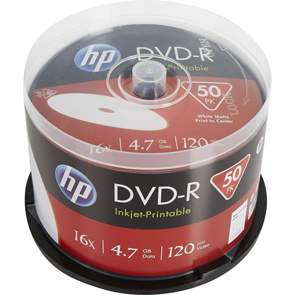 HP DVD-R 4,7GB/120Min/16x Cake Box (50 diski) ar tintes strūklu, pilna izmēra apdrukājama virsma