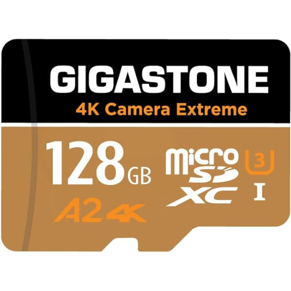 Gigastone [5 gadu bezmaksas datu atjaunošana] 4K Camera Extreme 128GB MicroSDXC atmiņas karte un SD adapteris, saderīga ar GoPro Switch, ātrums 100MB/s, A2 U3 V30 Micro SD karte