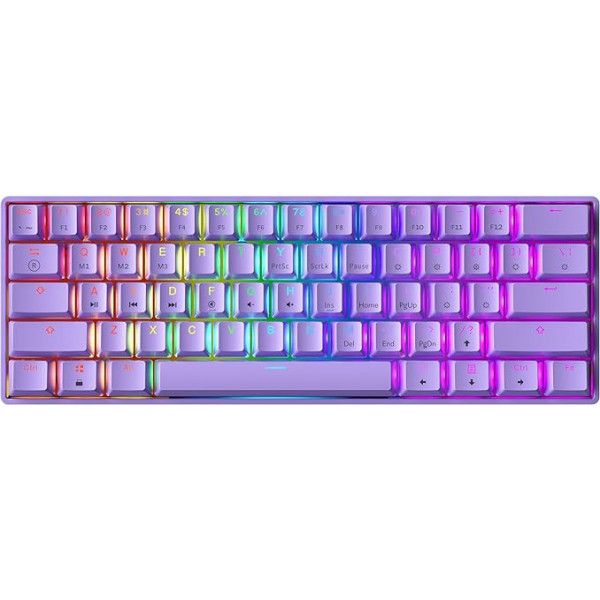 GK61 Hot-Swap mehāniskā spēļu tastatūra - 61 taustiņš ar daudzkrāsainu RGB LED apgaismojumu PC/Mac spēlētājiem (Gateron Optical Black, Lavender)