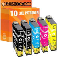 Gorilla-Ink 10 XXL kasetnes saderīgas ar Epson T1811 -T1814 18XL | Piemērots Expression Home XP-30 XP-33 XP-102 XP-202 XP-205 XP-212 XP-215 XP-302 XP-305 XP-312 XP-313