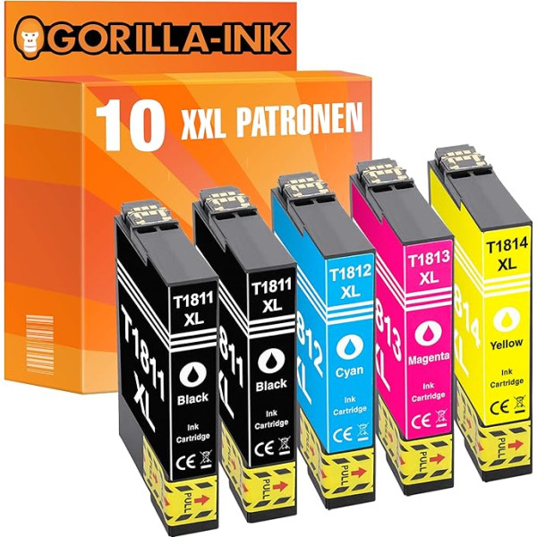 Gorilla-Ink 10 XXL kasetnes saderīgas ar Epson T1811 -T1814 18XL | Piemērots Expression Home XP-30 XP-33 XP-102 XP-202 XP-205 XP-212 XP-215 XP-302 XP-305 XP-312 XP-313