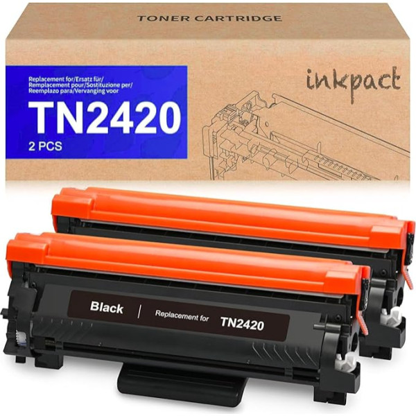 INKPACT Toneris su mikroschema suderinamas su Brother TN2420 TN-2420 TN2410, skirtas Brother MFC L2710DW L2710DN L2730DW L2750DW HL-L23210D L2350DW L2370DN L2375DW DCP-L2510D L2530DW 2530DW 550DN (2 juodi)