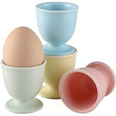 Ceramic Egg Cup for Soft Hard Boiled Eggs, Shell Removal Including 1 Egg Slicer, 4 Ceramic Egg Cups and 4 Spoons (Egg Cups)