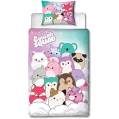 Character World Squishmallows oficiāli licencēts spilgts dizains vienas segas komplekts, divpusējs Squish Squad gultas veļas komplektā iekļauts atbilstošs spilvendrāna, kas lieliski piemērots bērnu guļamistabai