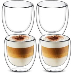 Gunolye 4 x 250 ml dubultsienu glāzes, Latte Macchiato glāzes, espresso tasīšu komplekts, dzeramās glāzes, tējas glāzes, dubultsienu, izgatavotas no borsilikāta stikla, karstumizturība un aukstuma izturība