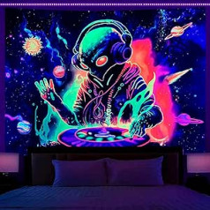 OSVINO Black Light Alien Gobelēns 150 x 200 cm Gobelēns UV-reaktīvais citplanētiešu dīdžejs ar austiņām Gobelēns Sun Planet plakāts pie sienas guļamistabas viesistabai