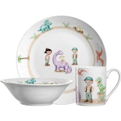 Leonardo Bambini Avventura 022805 Bērnu trauku komplekts 3 daļīgs – bērnu porcelāna trauki — var mazgāt trauku mašīnā, droši mikroviļņu krāsnī, izturīgs — 3 bļodu komplekts, krūze un šķīvis ar Dino motīvu