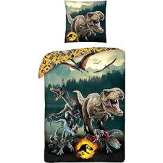 MTOnlinehandel Jurassic World Dinosaur bērnu gultas veļa · 1 x spilvendrāna 80 x 80 cm + 1 x segas pārvalks 135 x 200 cm · T-Rex Dino · 100% kokvilna ·