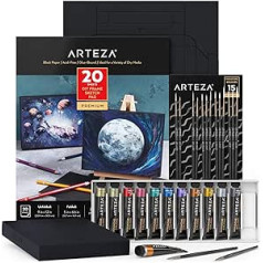 ARTEZA Gouache Paint Set, Painting Set for Adults with 12 x Metallic Gouache Colours, Foldable Black Canvas Paper and Brushes, Art Supplies for Children, Professionals and Hobby Painters
