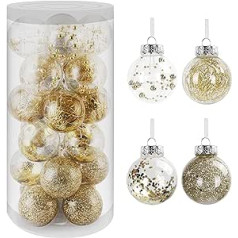 Belle Vous Golden Christmas Tree Baubles Plastic Ornaments (Pack of 24) - 6.8 cm - Various Filled Transparent Christmas Tree Baubles with String for Christmas Tree Decorations & Christmas/Wedding