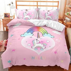 AOXHFNV Pink Unicorn segas pārvalks, skaista varavīksnes balta mākoņa Unicorn Girls bērnu gultas veļa 135 x 200 cm, Unicorn Motif gultas veļa ar 2 spilvendrānām (135 x 200 cm, rozā 2)