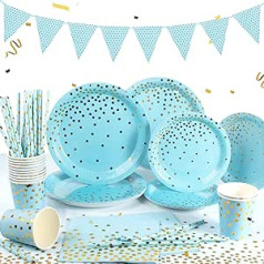 Yidaxing iepakojumā ir 122 zili ballīšu trauki, vienreizējās lietošanas papīra šķīvji Salvetes Baby Shower zēnu dzimšanas dienas svinībām, kāzām, jubilejām, Ziemassvētkiem, Golden Dots Blue ballīšu šķīvjiem, 24 šķīvjiem