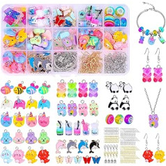 Souarts 98 vienetų Charms Butterfly Bee Bee Unicorn pakabukų rinkinys su 106 priedais auskarams Apyrankės karoliai Raktų pakabukas Mobiliojo telefono grandinėlė papuošalų gaminimo rinkinys su laikymo dėžute, akrilas