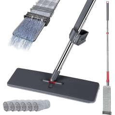 HEVOL Flat Mop Set, 130 cm Floor Mop Set with 6 Reusable Mop Pads, 360° Rotating Flat Mop, Microfibre Wiper with Wring Function for All Floor Types, Grey + Red