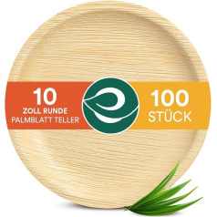 Eco Soul 100% kompostējami 25 cm apaļi palmu lapu šķīvji, augstas kvalitātes palmu lapu trauki, izturīgi, ekoloģiski tīri, vienreizlietojami bambusam līdzīgi šķīvji, 100 gab. iepakojumā