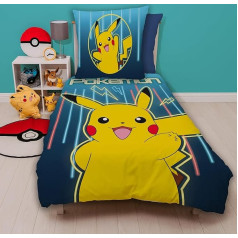 Pokemon gultasveļas komplekts, 135 x 200 cm, 80 x 80 cm, Pokemon Pikachu bērnu gultasveļa, izgatavota no 100% kokvilnas linona, zila gultasveļa ar rāvējslēdzēju