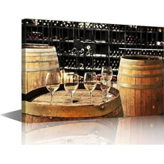 TISHIRON Wooden Barrel Wall Art Wine Glass Pictures Print on Canvas Whiskey Modern Artwork 1 Piece Wall Art for Living Room Office Giclee Gallery Wrapped Posters Prints Framed Ready to Hang