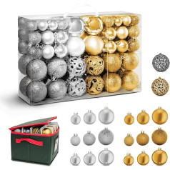 Kraft & Co Ziemassvētku Baubles ar pārnēsājamu somu, 100 gabali, sudraba un zelta Ziemassvētku Baubles rotājumi, dažāda izmēra un stila, Ziemassvētku eglīšu rotājumu komplekts, Ziemassvētku rotājumi ar