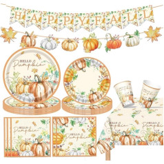 Thanksgiving Herbst Partygeschirr Set,70 Stück Herbst Ahornblättern Kürbissse Geschirr Liefert Pappteller Becher Servietten Tischdecke und Happy Fall Banner für Thanksgiving Herbst Ernte Party Décor