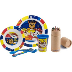 Paw Patrol Cartoon Character Tableware Set, 5 Pieces, Plate, Bowl, Cup and Cutlery, BPA Free, Reusable, Plastic, Microwavable, Includes 12 Piece Pencil Set (PAW)