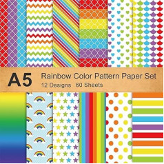 Whaline Rainbow krāsaina papīra komplekts, 60 lapas A5, abpusējs amatniecības papīrs, origami papīrs, māla papīrs, dekoratīvais papīrs dāvanu dekorēšanai, apsveikuma kartītēm, geju praida kartītēm, scrapbooking (12 stili)