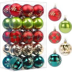 SHareconn Ziemassvētku eglīšu baubles 30K 2,32 collu krāsainas nesadalāmas plastmasas baubles Ziemassvētku eglīšu dekorēšanai Svētku svinību kāzu dekorēšanai (sarkana, zaļa un zelta, 60 mm)