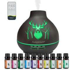 Ēterisko eļļu difuzors, aromātiskais difuzors mitrinātājam, 500 ml, tumši brūns, 10 x 10 ml, ar 15 krāsu LED apgaismojumu, 3 laika režīmi, automātiska izslēgšanās, kad nav ūdens