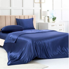 Luxbedding Satīna palagi Double Size Navy 4 gab. zīdainu palagu komplekts ar 1 dziļu pieguļošo palagu, 1 plakanu palagu, 2 spilvendrānām un 2 spilvendrānām