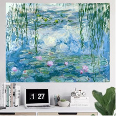 IcosaMro Monet Lotus Tapestry Wall Hanging Sienas māksla ar apmale malām, mājas dekors guļamistabai, koledžas kopmītnei, zils, 51 x 60 collas