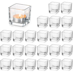 Glasseam Clear Tea Light Holder Glass Set of 24, Square Tea Light Glasses, Small Bulk, Candle Holder Christmas for Living Room, Table, Home Decoration, Modern Candle Jars, Tea Light Glass for Wedding