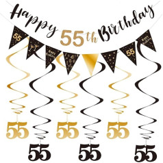 55. dzimšanas dienas dekorēšanas komplekts vīriešiem sievietēm, Happy 55th Birthday Banner Bunting Swirl Streamers Triangle Flag Banner dzimšanas dienas svinību dekorēšanas piederumi melnā un zelta 55