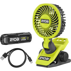 RYOBI 4 V USB USB akumulatora klipveida ventilators RCF4-120G (325° pagriežama un 180° grozāma galva, gaisa plūsmas regulēšana 2 līmeņos 2300/3800 apgr./min, klipsas biezums līdz 32 mm, iekļauts 1x 2,0Ah akumulators un lādētājs)