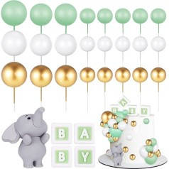 FRIUSATE 26 gab. ziloņu kūkas dekorēšana Mini bumbiņas Cake Topper Green Baby vēstule Cupcake Toppers Green Gold White Foam Balloon Pearl Ball for Baby Shower Boy Elephant Theme Birthday Party Supplies