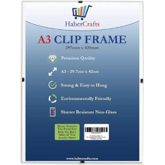 Habercrafts A3 Clip Picture Frame Sienas rāmis Stiprs bezstikla bezrāmju caurspīdīgs rāmis plakātam, sertifikātam, fotoattēlam, komiksiem, viegls, 297 mm x 420 mm (A3 Clip Frame - 12 rāmji)