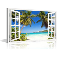 3D Window Effect Canvas Art Framed Modern Home Decor Beach Coconut Tree View Pictures for Home Living Room Dining Room Wall Decor Posters Prints Gatavs pakārt