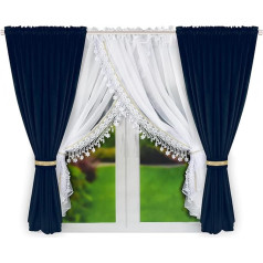 FLYINGCURTAINS 3 x necaurspīdīgi aizkari viesistabai, mīksti eleganti īsi aizkari ar baltu tilla audumu, dubultie aizkari, aizkari ar stieņa kabatu guļamistabai, lauku mājai (tumši zili)