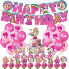 Rozā meitene princese dzimšanas dienas svinību rotājumi Rozā meitene dzimšanas dienas svinību piederumi Happy Birthday Banner, baloni, Cake Topper, Cupcake Toppers meitenēm bērnu dzimšanas dienas svinībām