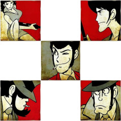 KUSTOM ART sērija no 5 Vintage stila Lupin III Lupin Goemon Jigen Fujiko Zenigata kolekcija Koka drukas dāvanu ideja