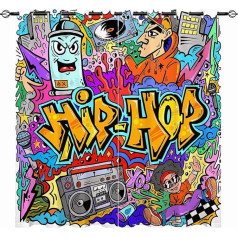 Yuanzu Hipiju aizkari - Bērnu krāsains Hip Hop Graffiti Doodle Print Pattern Eyelet Blackout Thermal Insulated & Room Darkening Window Drapes for Boys Teens Bedroom Playroom 2 Panels W 117 cm x D 137