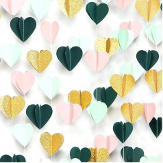 Sage Green Mint Pink Gold 3D Heart Garland - 90m kāzu karājas apdare Streamers Banner, līgavas Safari Birthday Birthday Hen Party Baby Shower Engagement Valentīna diena Party Decor