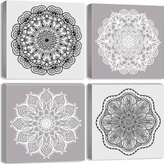 Mandala Wall Art Decor, Boho Lotus Flower Canvas Art 4-Piece Set Marokas drukas attēlu apdare 12x12 collu, melnā un baltā pelēkā ziedu raksts ierāmēts mākslas darbs mājās