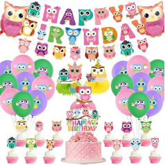 Pūces dzimšanas dienas svinību rotājumi, mīlīga pūce Pūces svinību piederumi ar Happy Birthday Banner, Honeycomb Toppers, baloni Cupcake Toppers, rozā pūce Meža puse Piegādes bērniem, bērnu diena