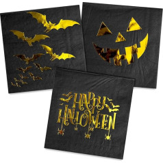 Whaline 96 iepakojuma Halloween vienreizlietojamās papīra salvetes 16,5 x 16,5 cm lielas melnas folijas zelta kokteiļu salvetes 3 dizaini bieza ķirbju sikspārņu raksts Puses piederumi