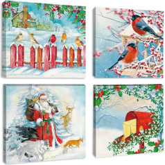 Artscope 4-diegu Christmas Canvas Pictures with Birds and Santa Claus Motif Art Print - moderns sienas attēls vannas istabai Dzīvojamā istaba sienu rotājumi - 30 x 30 cm